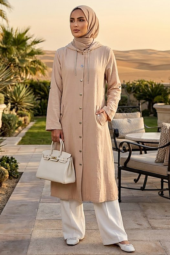 Buttoned Beige Modest Coat 15012BEJ - 1
