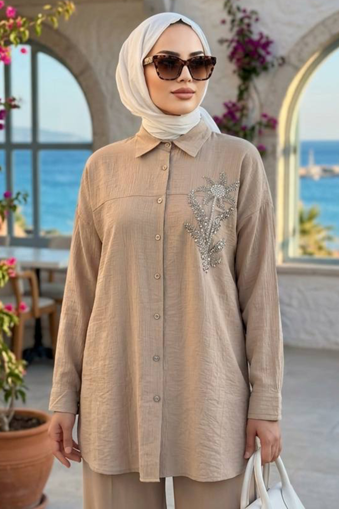 Buttoned Beige Modest Shirt 10084BEJ - 1
