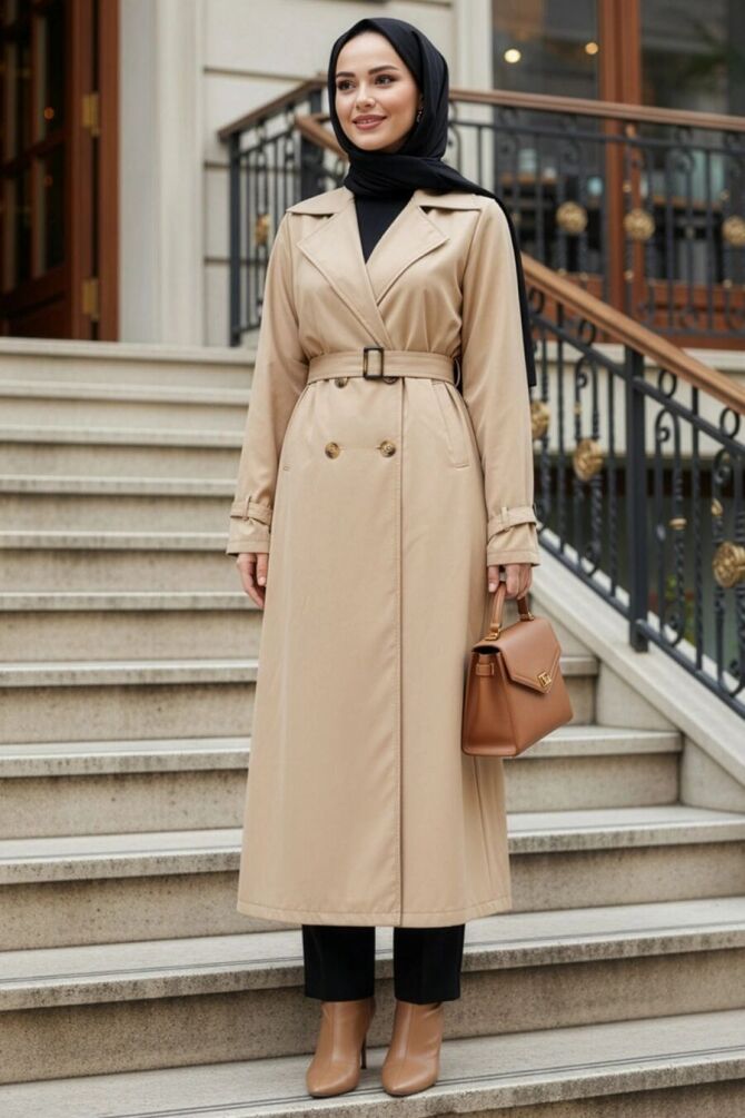 Buttoned Beige Modest Trench Coat 62223BEJ - 1
