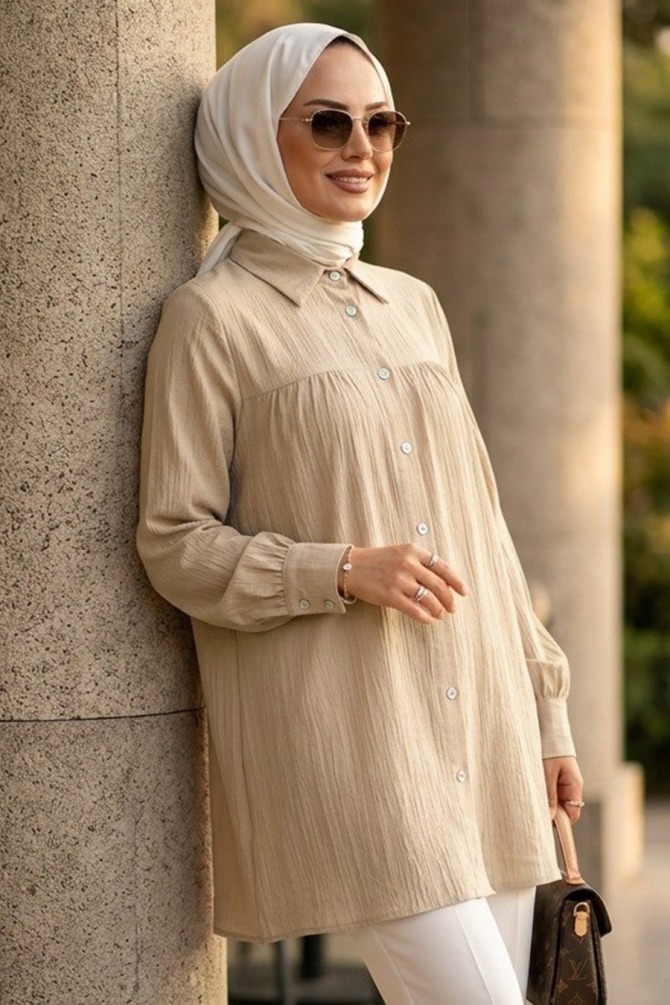 Buttoned Beige Modest Tunic 10682BEJ - 2
