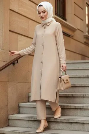 Buttoned Beige Modest Two-Piece Set 12791BEJ - 1