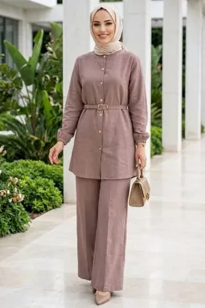 Buttoned Beige Modest Two-Piece Set 83012BEJ - 1