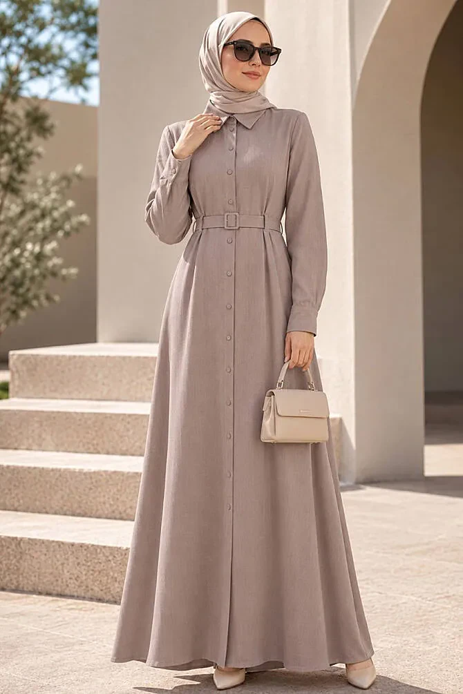 Buttoned Beige Strawberry-texture fabric Modest Abaya 30389BEJ - 1
