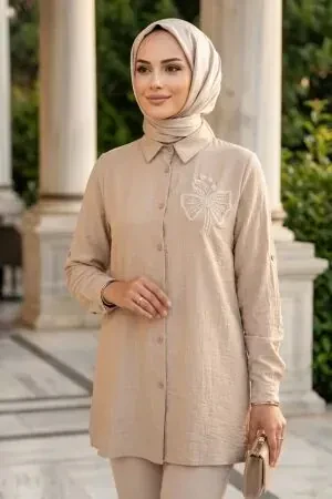 Buttoned Beige Strawberry-texture fabric Modest Tunic 11201BEJ 