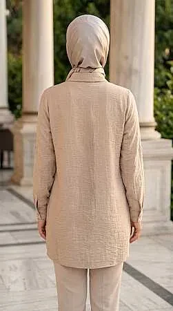 Buttoned Beige Strawberry-texture fabric Modest Tunic 11201BEJ - 2