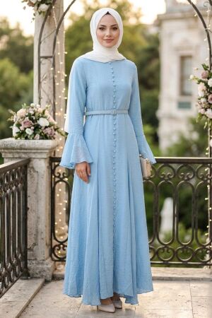 Buttoned Belted Flounce Sleeve Tulle Modal Blue Modest Dress 3103M 