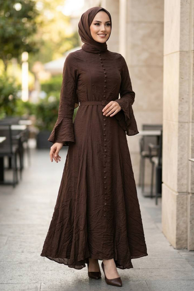 Buttoned Belted Flounce Sleeve Tulle Modal Dark Brown Modest Dress 3103KKH - 1