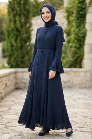 Buttoned Belted Flounce Sleeve Tulle Modal Navy Blue Modest Dress 3103L 