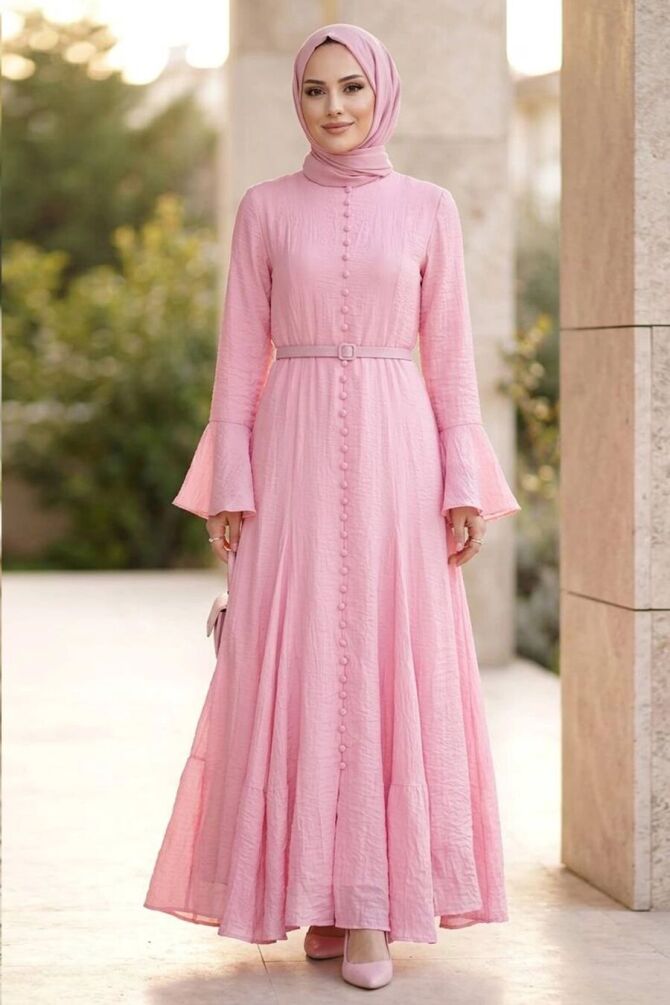 Buttoned Belted Flounce Sleeve Tulle Modal Pink Modest Dress 3103P - 1