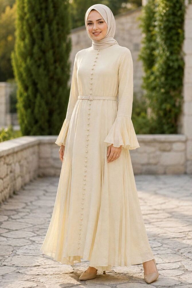Buttoned Belted Flounce Sleeve Tulle Modal Yellow Modest Dress 3103SR - 1