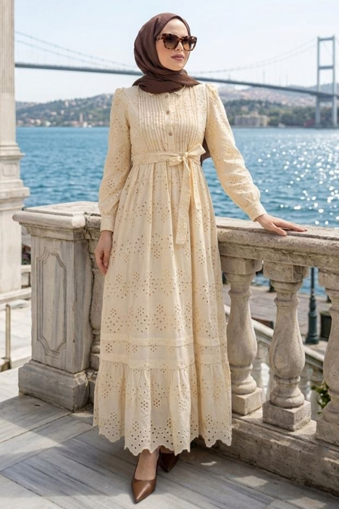 Buttoned Belted Tiered Eyelet Beige Modest Dress 5004BEJ - 1