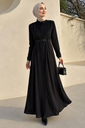 Buttoned Black Cilek Fabric Modest Abaya 30389S 