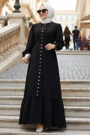Buttoned Black Modest Dress 10154S 