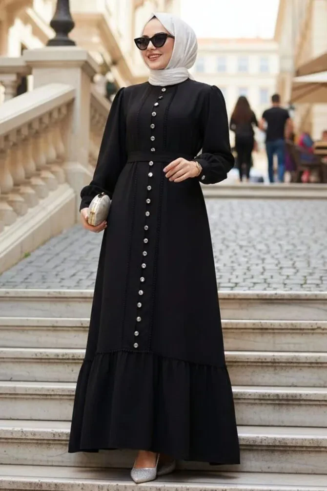 Buttoned Black Modest Dress 10154S - 1