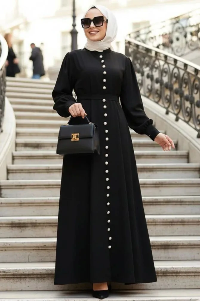 Buttoned Black Modest Dress 10231S - 1