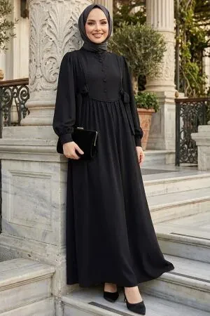 Buttoned Black Modest Dress 10391S 