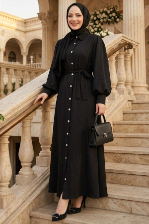 Buttoned Black Modest Dress 10642S - 3