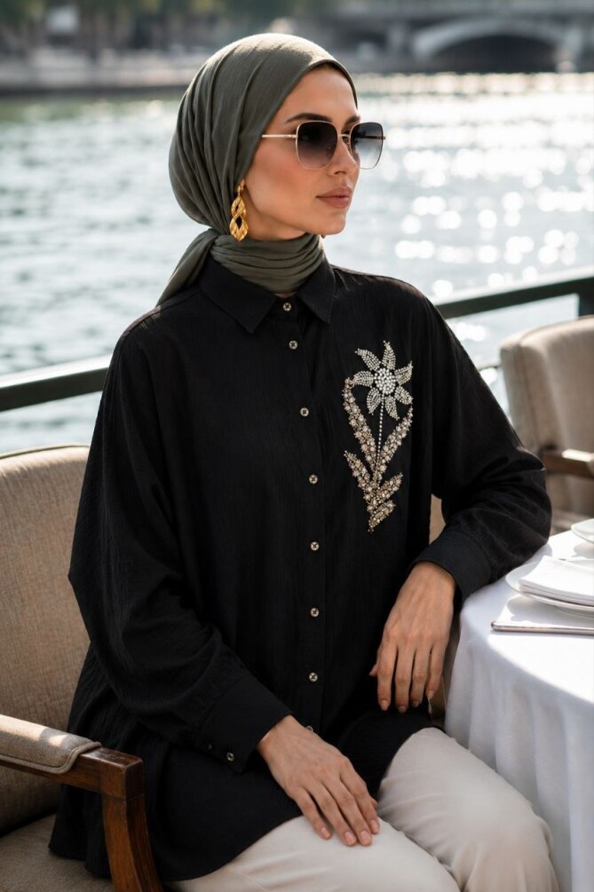 Buttoned Black Modest Shirt 10084S - 1