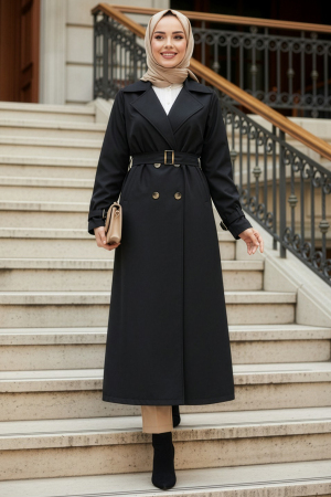 Buttoned Black Modest Trench Coat 62223S 