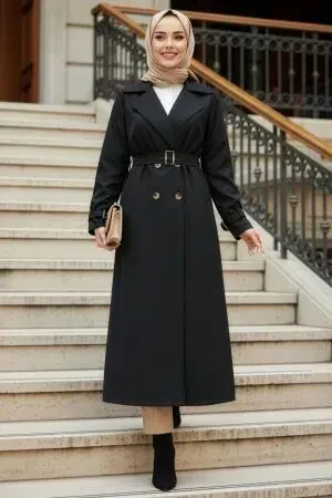 Buttoned Black Modest Trench Coat 62223S - 1