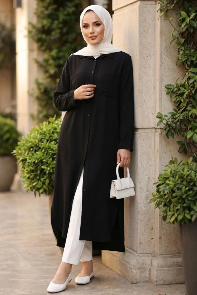 Buttoned Black Modest Tunic 657901S - 1