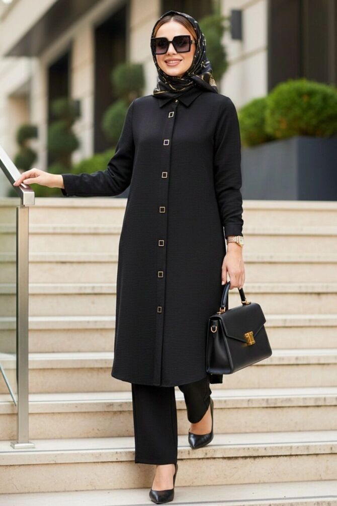 Buttoned Black Modest Two-Piece Set 12791S - 1