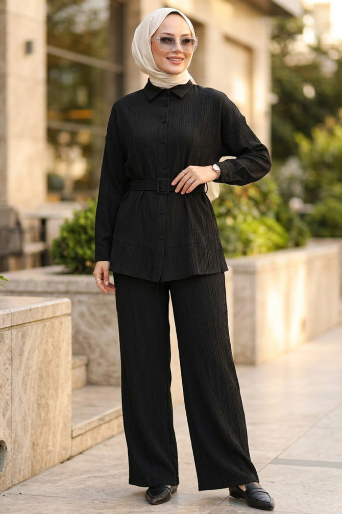 Buttoned Black Modest Two-Piece Set 20374S - 1