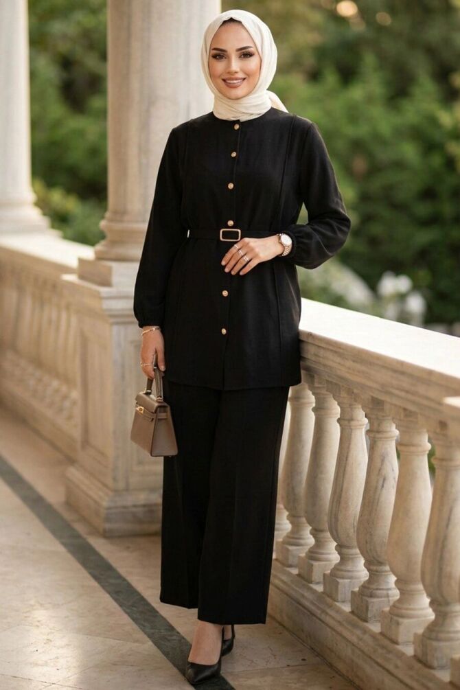 Buttoned Black Modest Two-Piece Set 83012S - 1