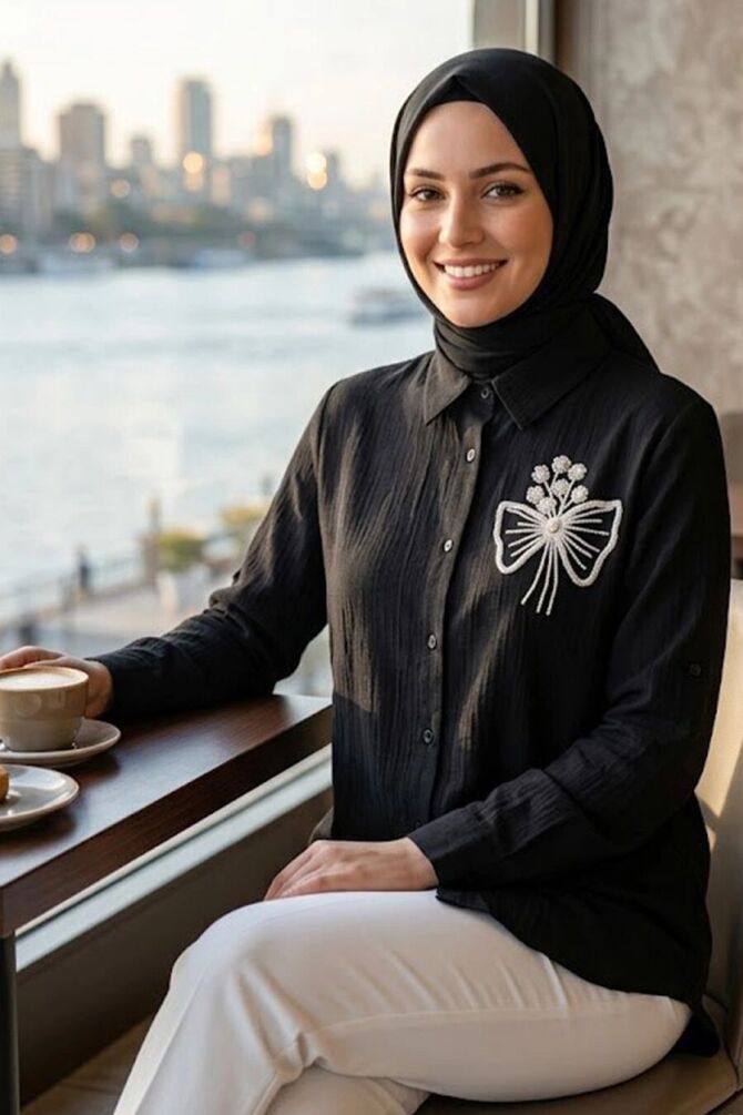 Buttoned Black White Strawberry-texture fabric Modest Tunic 11201SB - 1