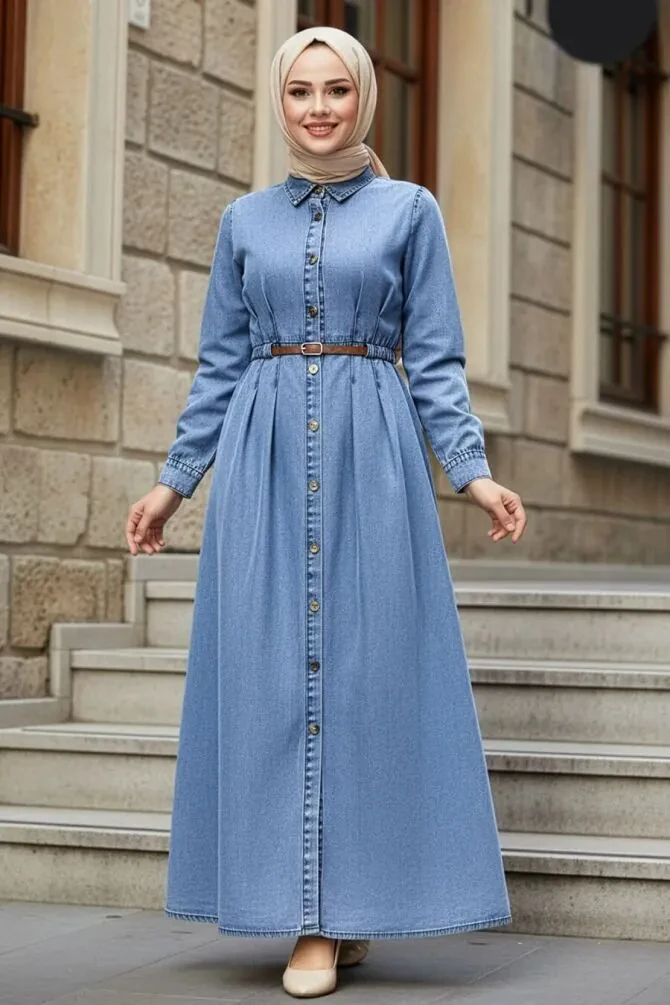 Buttoned Blue Modest Denim Dress 19172M - 1