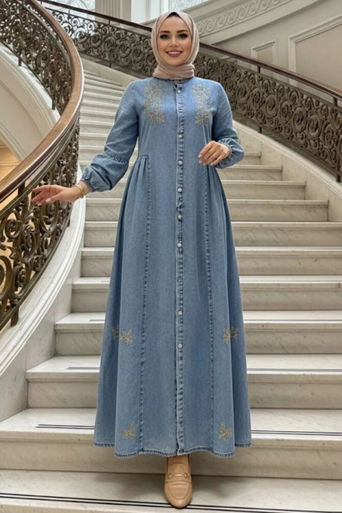 Buttoned Blue Modest Denim Dress 19178M - 1