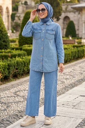 Buttoned Blue Modest Denim Two-Piece Set 10064M - 1