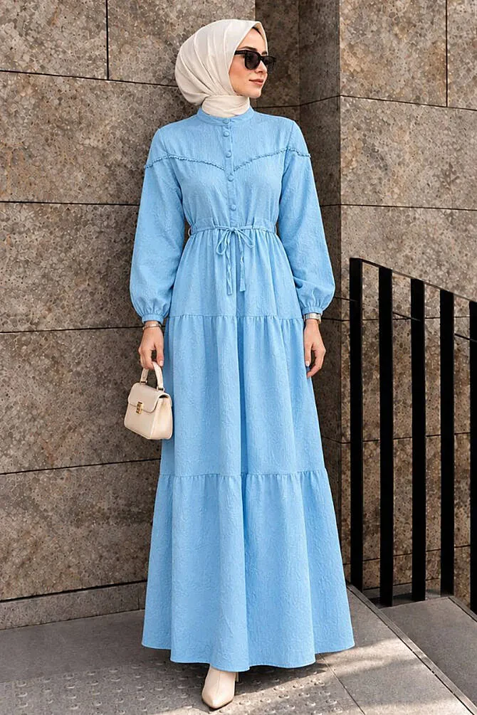 Buttoned Blue Modest Dress 10213M - 1
