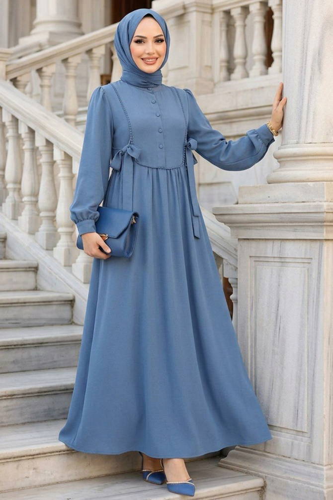 Buttoned Blue Modest Dress 10391M - 2