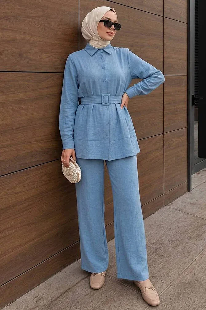 Buttoned Blue Modest Two-Piece Set 20374M - 1