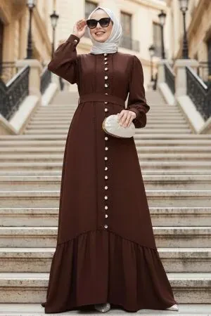 Buttoned Brown Modest Dress 10154KH - 1