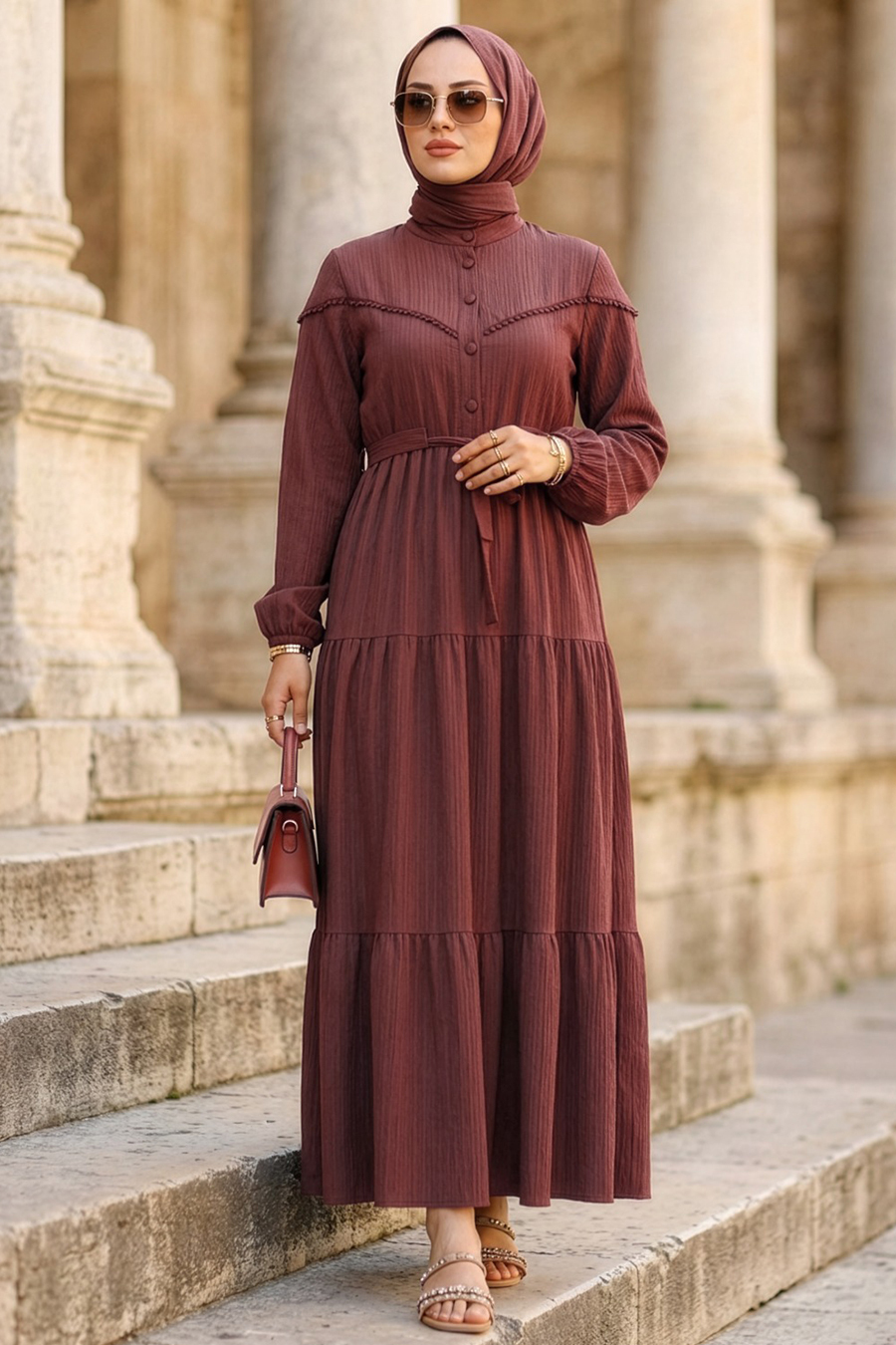 brown modest dresses Buttoned Dress 10213KH This chic dress will VM-SPR25-PREVIEW Golden Moon Long Sleeve Size:4/5