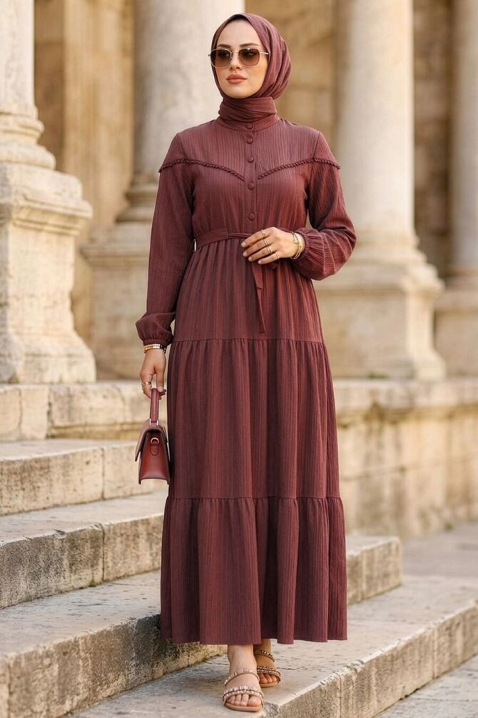 Buttoned Brown Modest Dress 10213KH - 1
