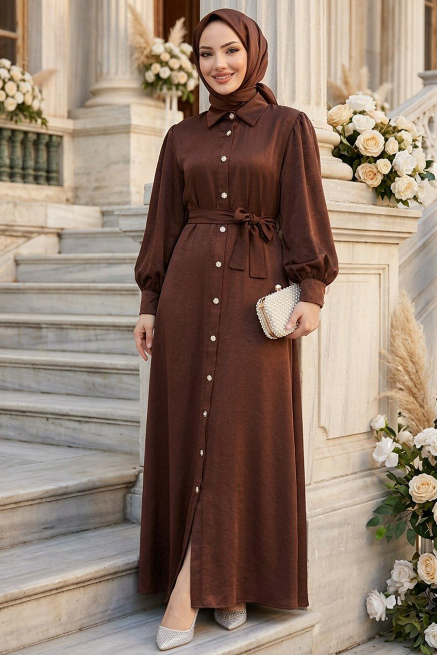 brown dresses modest Buttoned Dress 10642KH girls western dress zippers at wrists Modest icy blue prom dresses Size:IT42 - (US6)