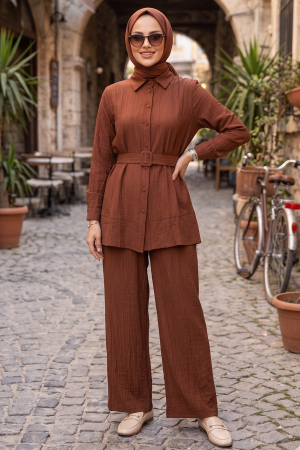 Buttoned Brown Modest Two-Piece Set 20374KH 
