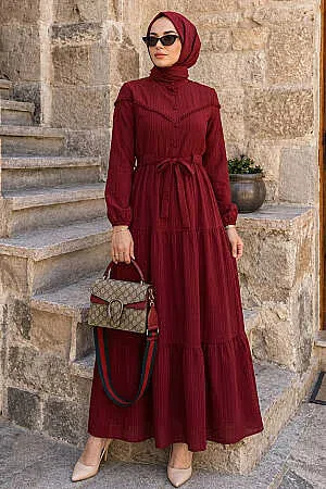 Buttoned Burgundy Modest Dress 10213BR - 1
