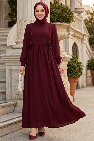 Buttoned Burgundy Modest Dress 10391BR - 3