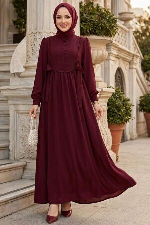 Buttoned Burgundy Modest Dress 10391BR 