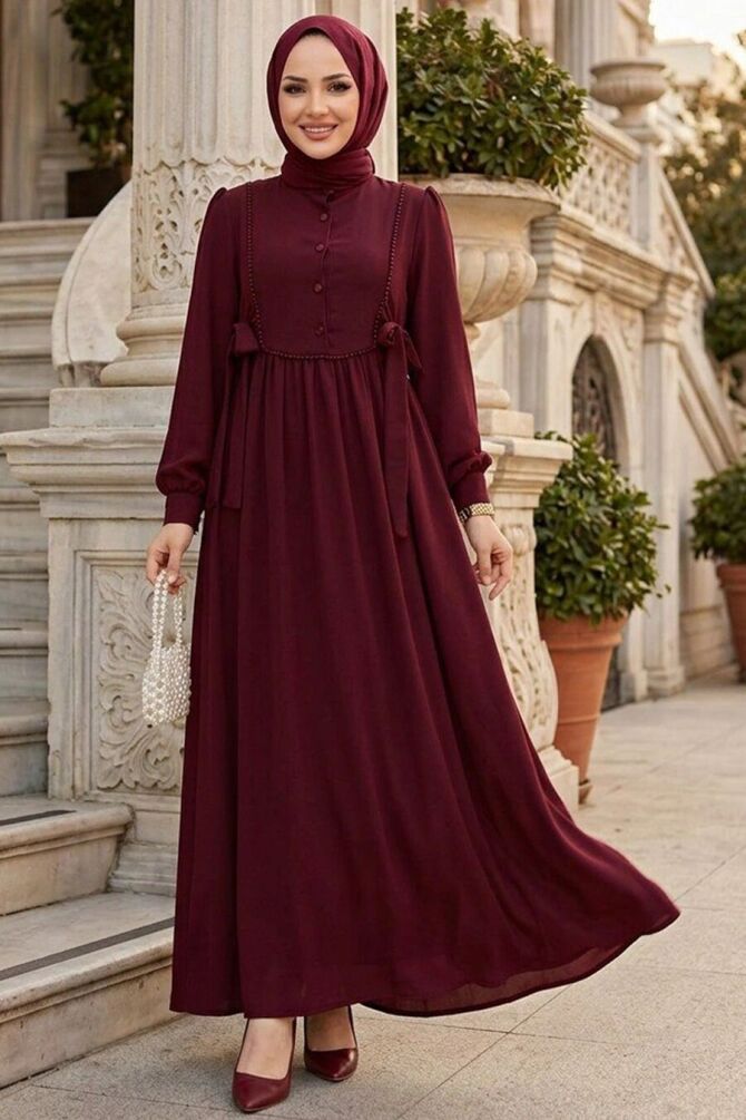 Buttoned Burgundy Modest Dress 10391BR - 1