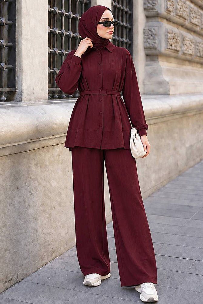 Buttoned Burgundy Modest Two-Piece Set 20374BR - 1
