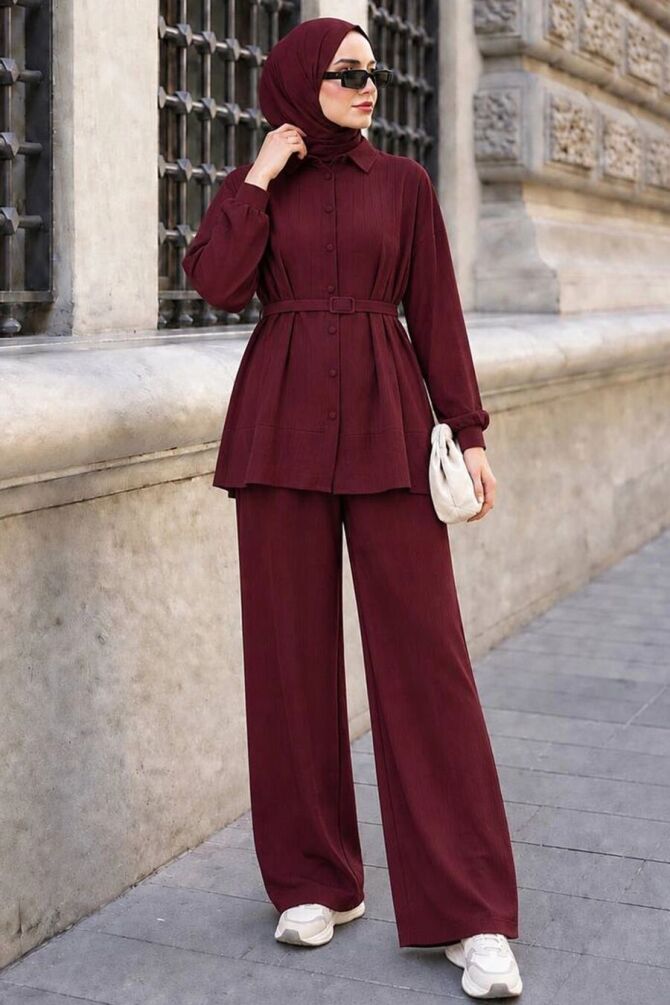 Buttoned Burgundy Modest Two-Piece Set 20374BR - 1