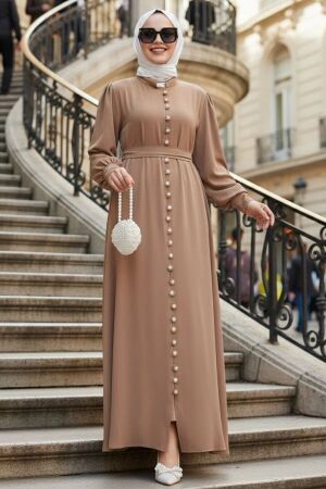 Buttoned Camel Modest Dress 10231C - 1