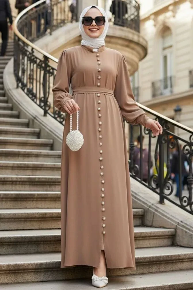 Buttoned Camel Modest Dress 10231C - 1