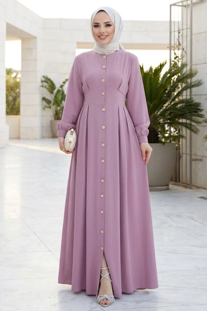 Buttoned Crepe Powder Pink Modest Abaya Dress 10191PD - 1