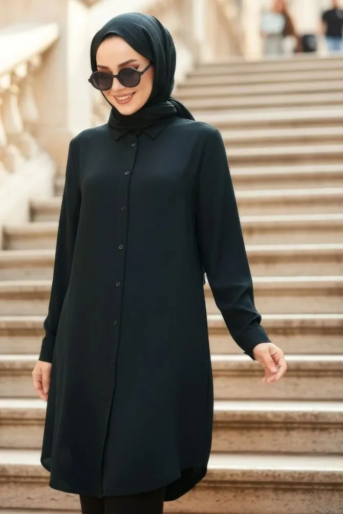 Buttoned Dark Navy Blue Modest Tunic 11750KL - 1